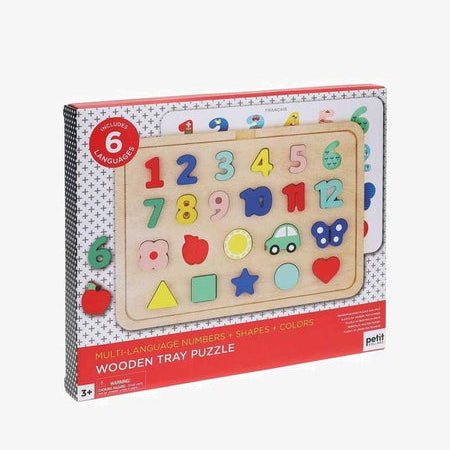 Petit Collage | Wooden Tray Puzzle - Numbers, Shapes, Colors - Plumme Box