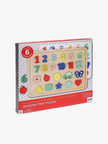 Petit Collage | Wooden Tray Puzzle - Numbers, Shapes, Colors - Plumme Box